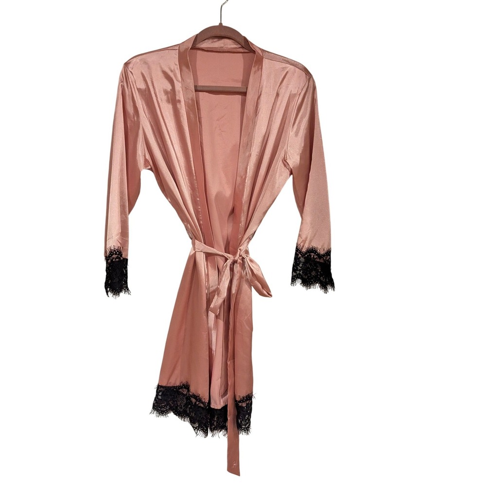 LYANER Pink Satin Lace Trim Robe Kimono Duster Wrap‎ Tie M